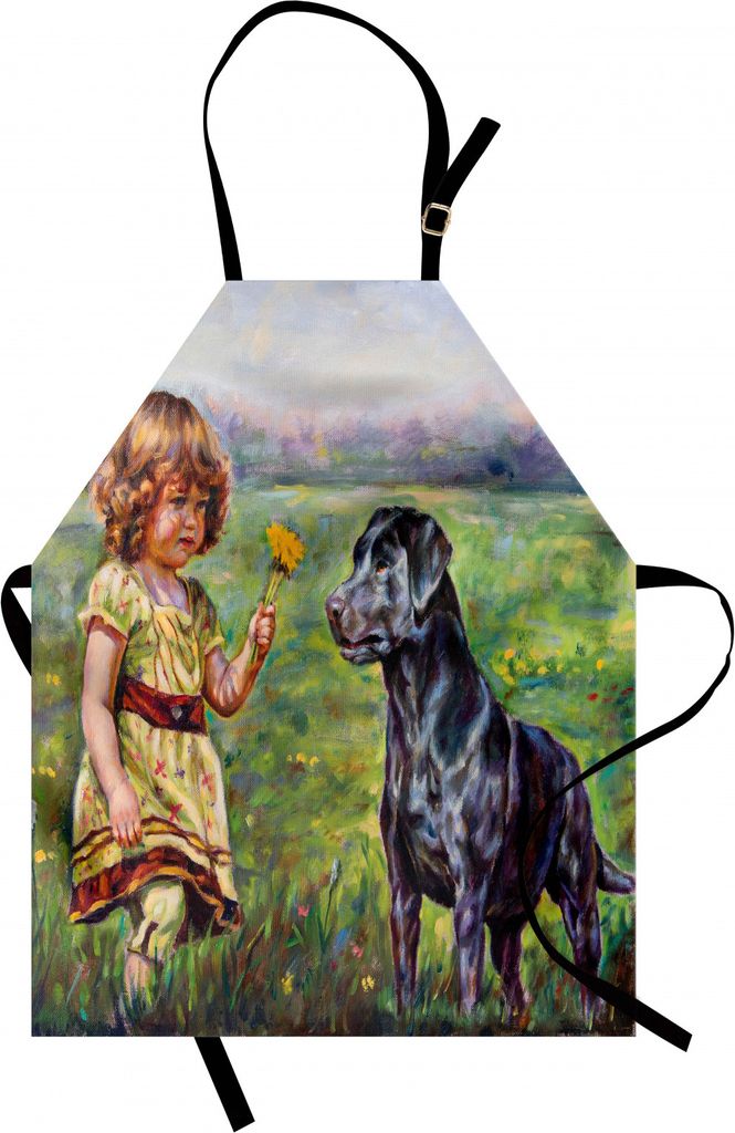 ABAKUHAUS Land Kochschürze, Farbe eines netten kleinen Mädchens mit ihrer kleinen Blume und Hund in der Wiesen-Hirtengrafik, Farbfest Höhenverst...