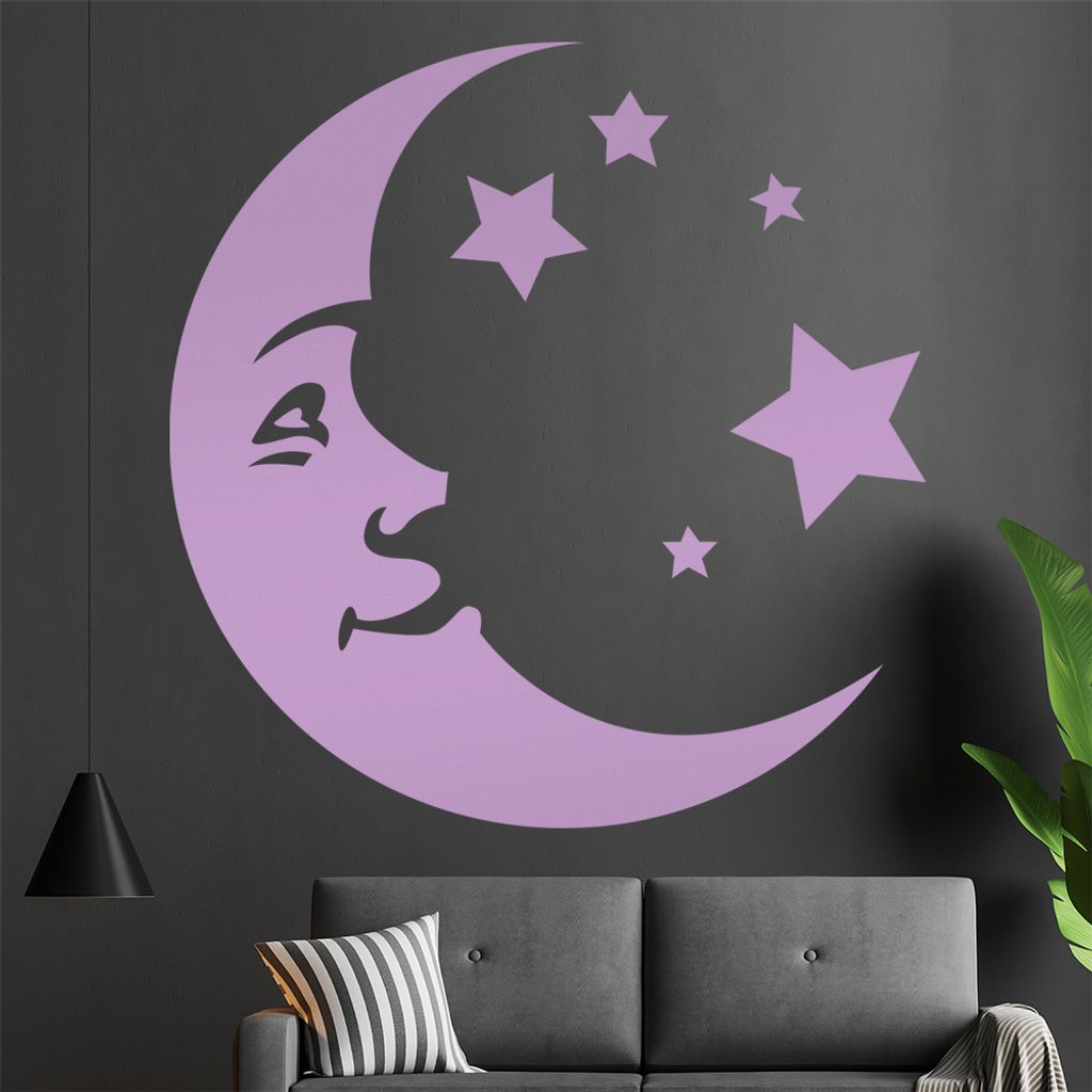 Mondgesicht und Sterne Wandtattoo in 6 Größen - Wandaufkleber Wall Sticker - Dekoration, Küche, Wohnzimmer, Schlafzimmer, Badezimmer