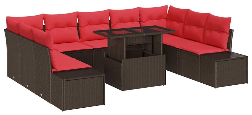 vidaXL Garten-Sofa-Set mit Kissen mit Speicher 10 pcs Braun und Rot