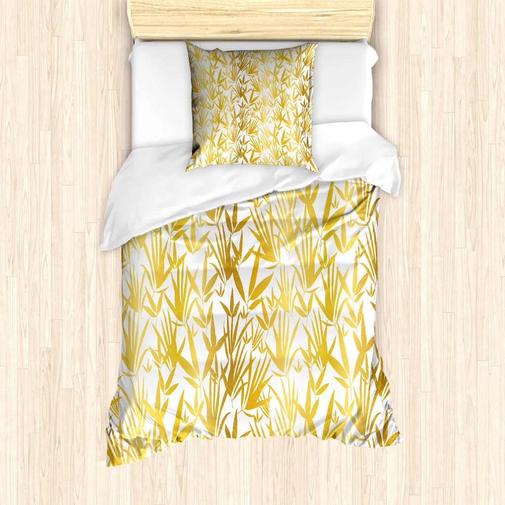 Set copripiumino in bambù ABAKUHAUS per letti singoli, foglie di bambù tropicali, antiacaro, adatto a chi soffre di allergie, con federa, 135 cm x 200 cm - 80 x 80 cm, terra giallo pallido caffè