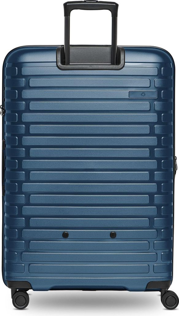 A full shot of the back of a navy blue suitcase.