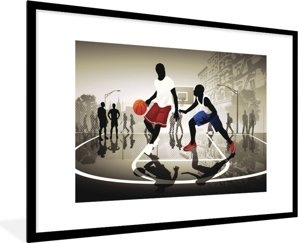 MuchoWow Gerahmtes Poster Eine Illustration von zwei spielen Basketball auf der Straße 90x60 cm - Poster mit Schwarzem Bilderrahmen Wandposter R...