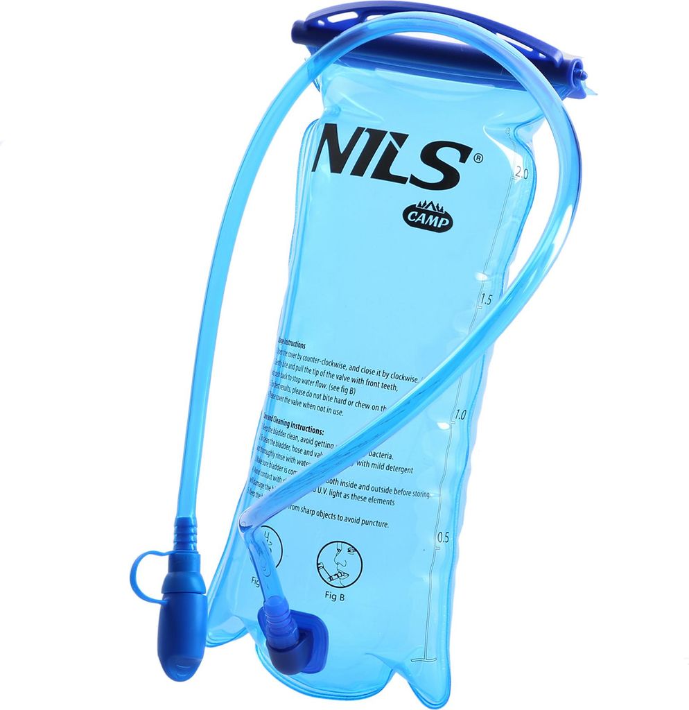 A blue water bladder with a drinking tube, isolated on a white background.