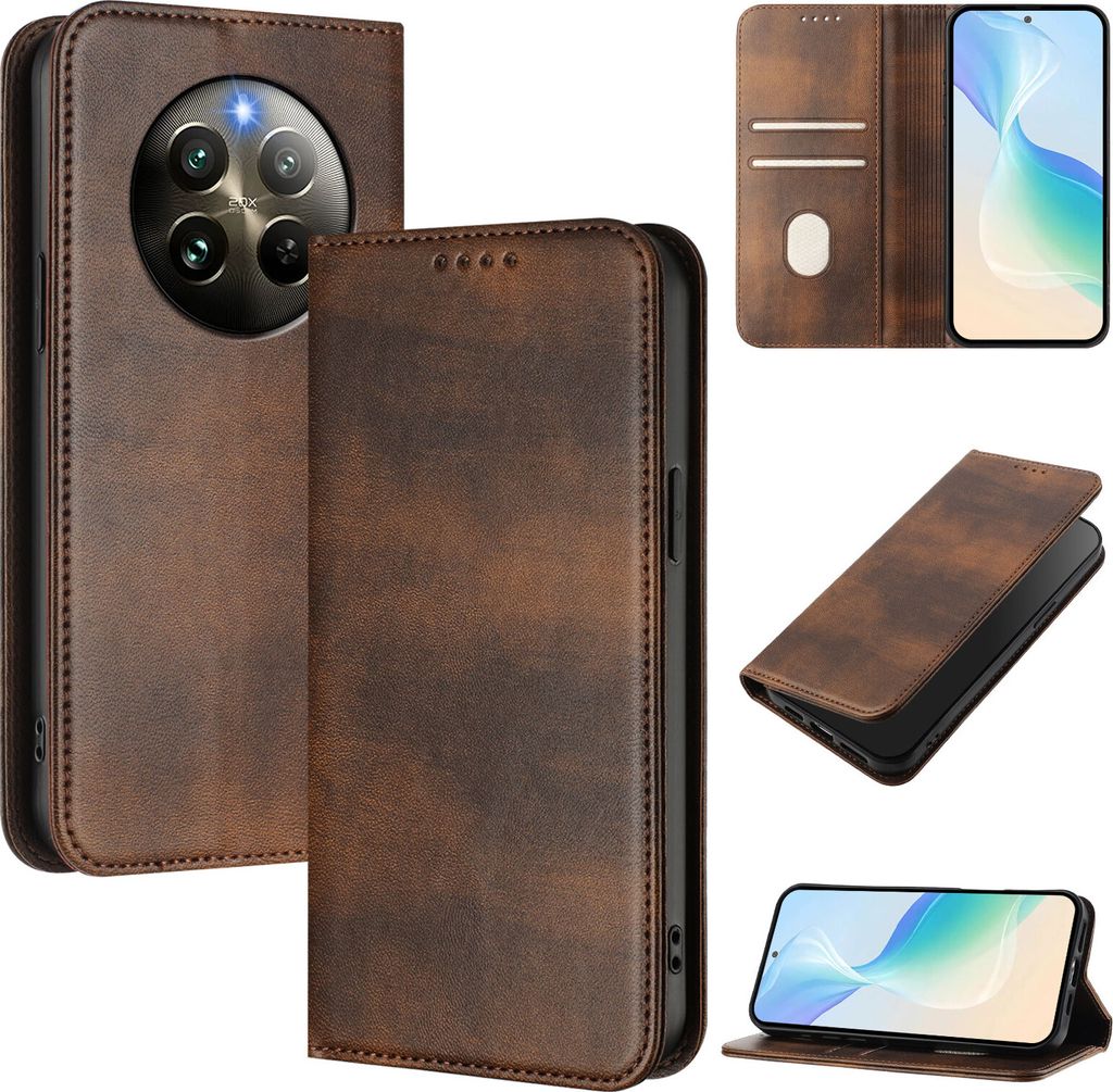 Handyhülle für Realme 13 4G/Realme 12+/Realme Narzo 70, Vintage Leder RFID Schutz Kartenfach Standfunktion Magnetische Klapphülle Braun