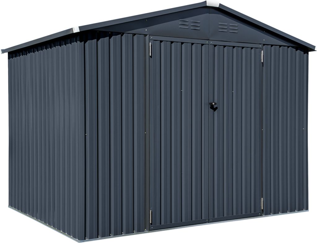 A dark grey metal garden shed with double doors and a pitched roof, shown from the front-left.