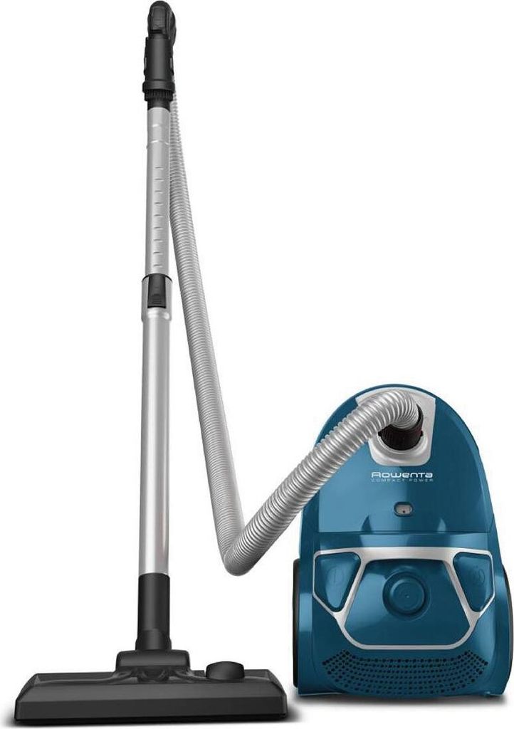A blue and silver Rowenta vacuum cleaner with its hose and floor head is shown against a white background.