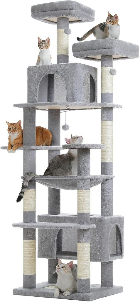 PURPURRA Robuster Kratzbaum für große Katzen, 200 cm hoher Katzenturm mit 2 Sitzstangen, 2 Höhlen und geräumiger Hängematte, XL extra große H...