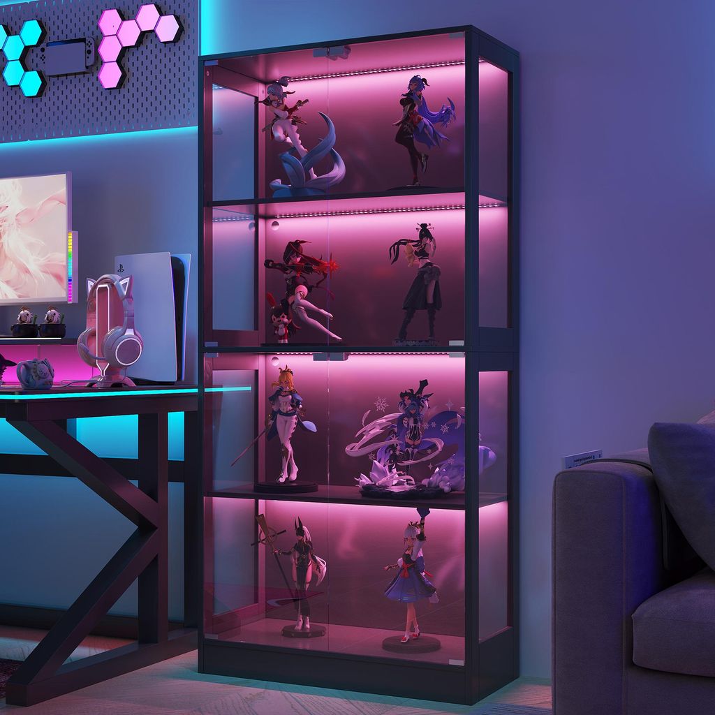 Merax Glastürvitrine Vitrine mit LED-Licht, 4 Tür, Multifunktionaler Vitrinen mit 4 Ebenen, Vitrinenschrank für Wohnzimmer, Arbeitszimmer, Schwarz