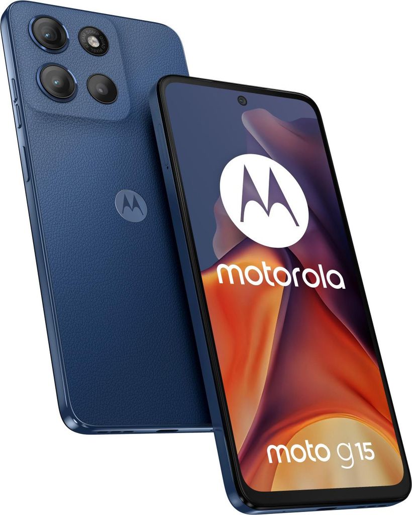 A blue Motorola Moto G15 smartphone is shown from two angles, with the screen displaying the Motorola logo and product name.