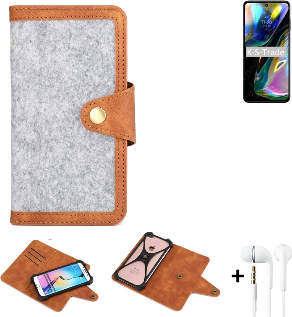 K-S-Trade Handyhülle + Kopfhörer kompatibel mit Motorola Moto G71s Schutzhülle Filz Hülle Kunstleder hellgrau braun (1x)