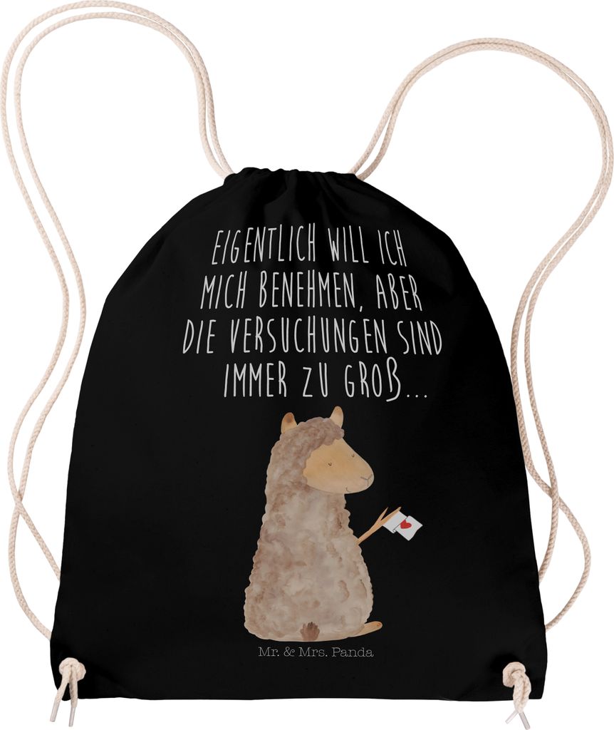 Mr. & Mrs. Panda Jutebeutel Alpaka Fahne - Schwarz - Geschenk, Alpakas, Lamas, wander rucksack, gym tasche, Lama, Beutel, Turnbeutel, Stoffbeutel, ...