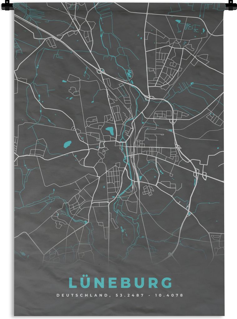 MuchoWow Wandteppich Wandbehang Blau - Deutschland - Karte - Stadtplan - Lüneburg 90x135 cm Tapisserie Dekoration Wandtuch - Baumwolle - Wandsku...