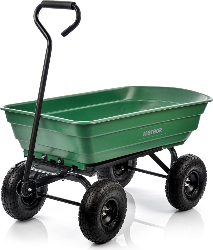 A green garden cart with black wheels and handle, shown on a white background.