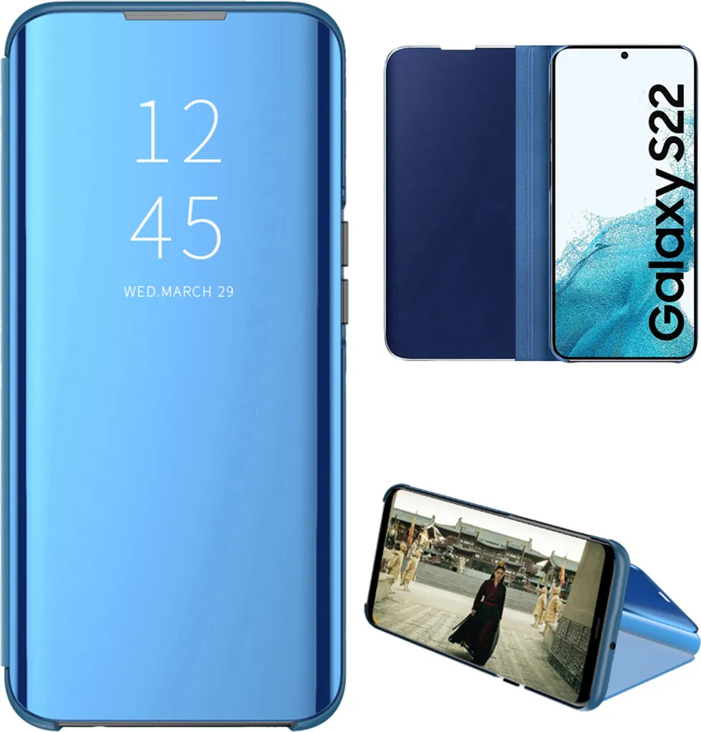 Custodia per Samsung Galaxy S22 5G trasparente a specchio, in Finto cuoio, con funzione di supporto blu