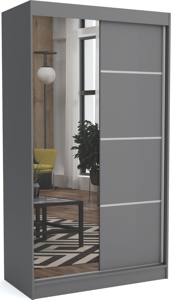 Brent - Kleiderschrank mit Spiegel Tom, Schlafzimmerschrank mit 1 Kleiderstange und Einlegeböden für Kleidung, 120x215x60 cm, Grau