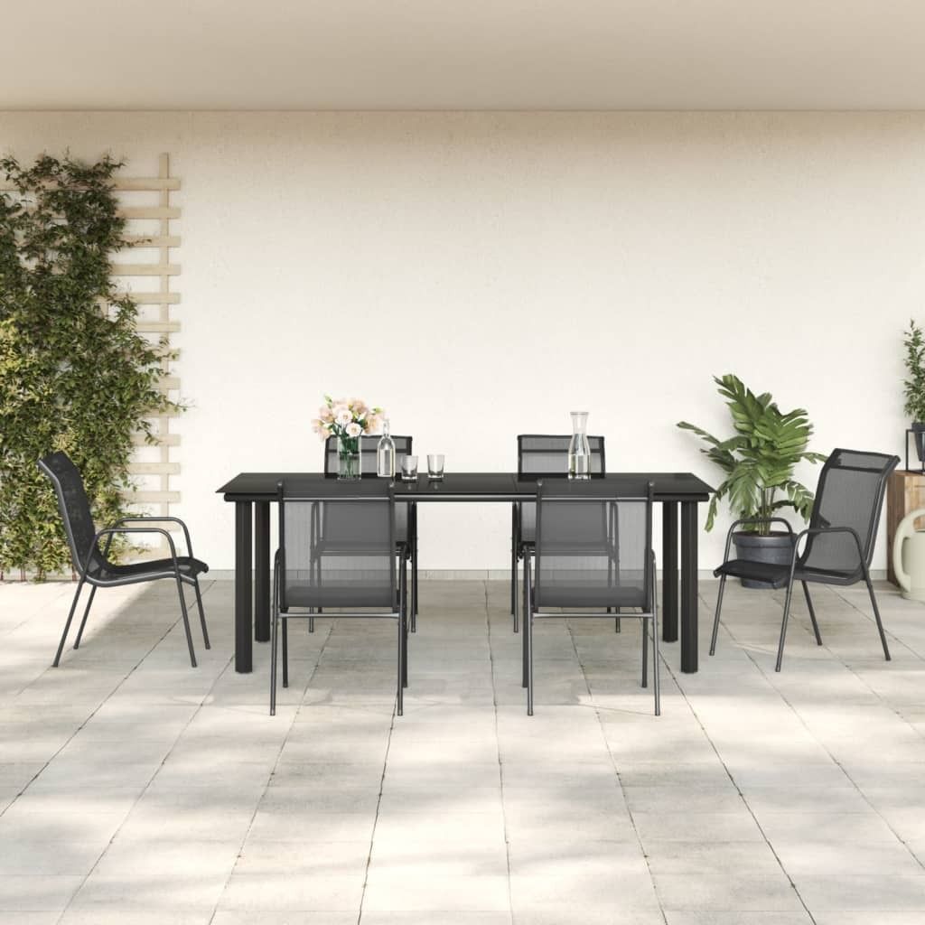 The Living Store 7-tlg. Garten-Essgruppe Schwarz Stahl und Textilene
