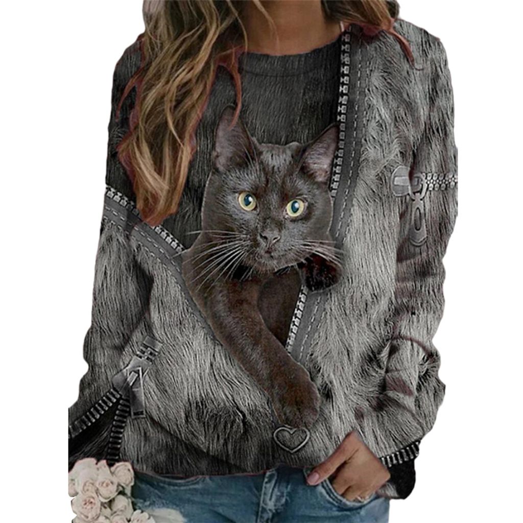 Damen Plus Size Cat Print Casual Langarm Top Kaufland.de