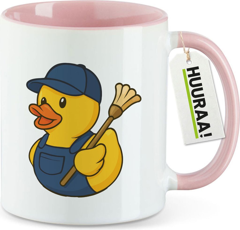 Huuraa Kaffeetasse Quietscheente Hausmeister Comic Gummiente 330ml Rosa Keramik Kaffeebecher Geschenkidee