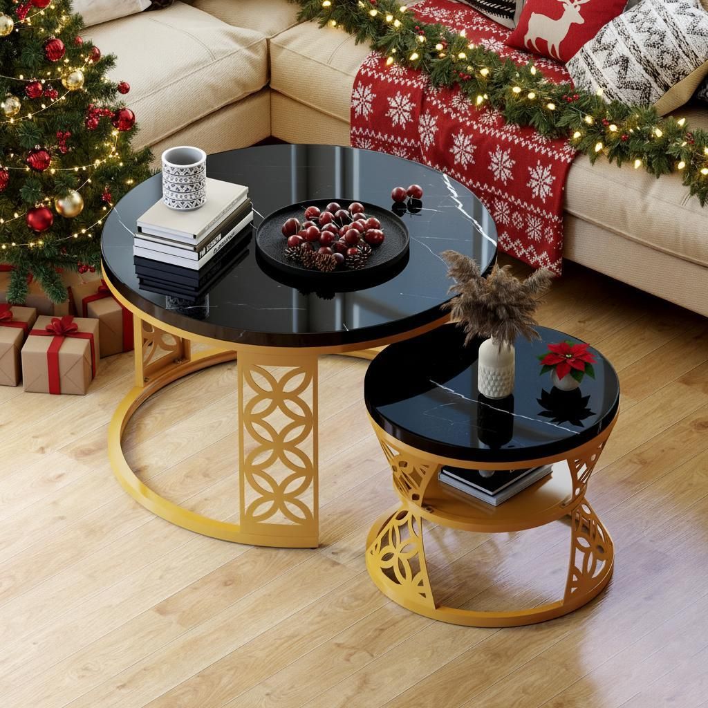 okwish Couchtisch-Set 2-teilig rund-Schwarz Marmor Optik – Goldene Metallbeine-Modern Wohnzimmer Tisch,Schwarz+Gold