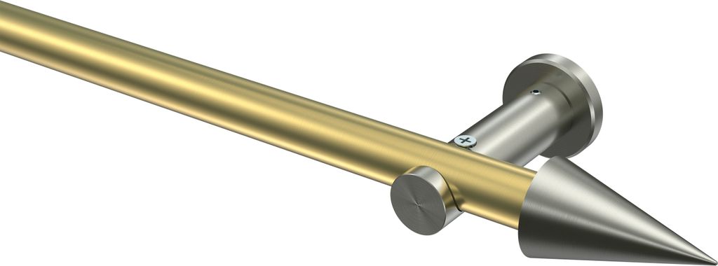 Interdeco Gardinenstange / Vorhangstange Messing-Optik / Edelstahl-Optik, Typ Platon Savio (Kegel) ohne Ringe, 20 mm Ø 1-läufig, 220 cm