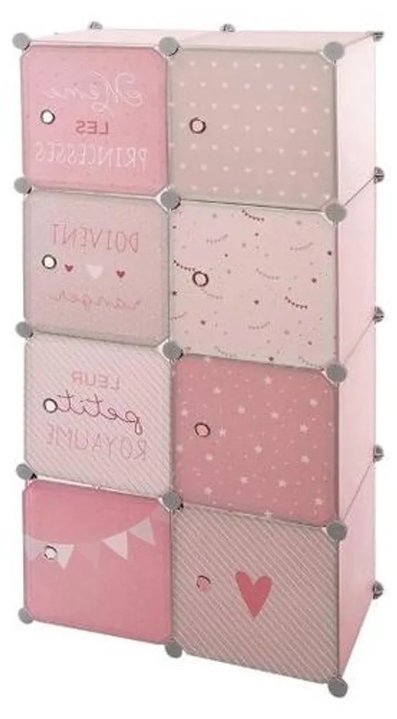Armoire rose pour enfant 124 cm avec étagères et compartiments larges