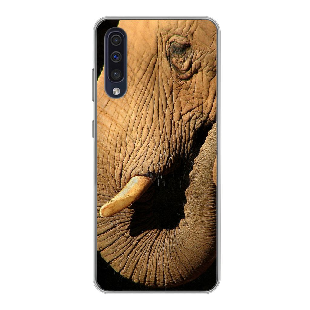 MuchoWow Handyhülle Schutzhülle Hülle für Samsung Galaxy A30s Elefant - Tiere - Nahaufnahme - Schwarz Silikon Softcase Handy Hülle - Karteni...