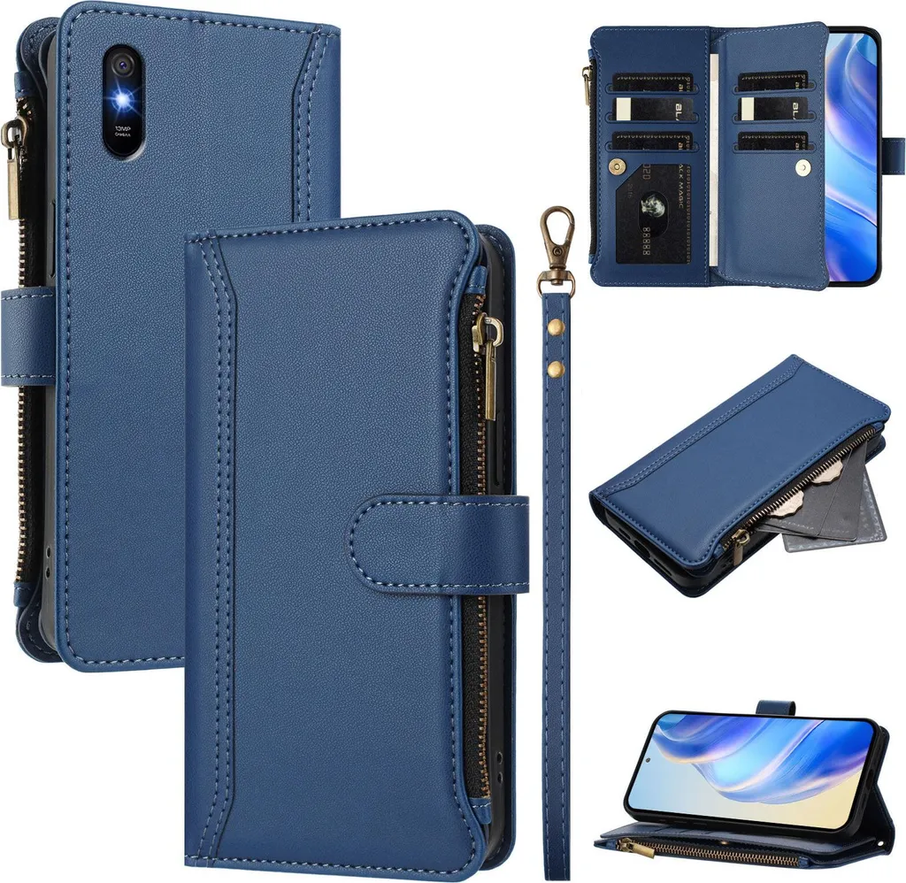 Custodia Wallet Xiaomi Redmi 9A Blu | Portafoglio in Eco-Pelle con Cerniera