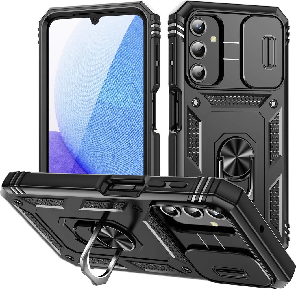 Galaxy A25 Hülle, Schiebe Kamera Schutz Stoßfest Schutzhülle mit Ringhalterung Ständer für Samsung Galaxy A25 Schwarz