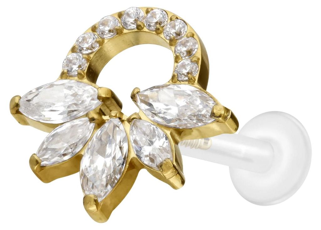 Ohrpiercing, Nasenpiercing PTFE Labret mit Innengewinde + Titan-Aufsatz KRISTALLRASSEL Gold Stablänge: 10mm | Stabstärke: 1,6mm