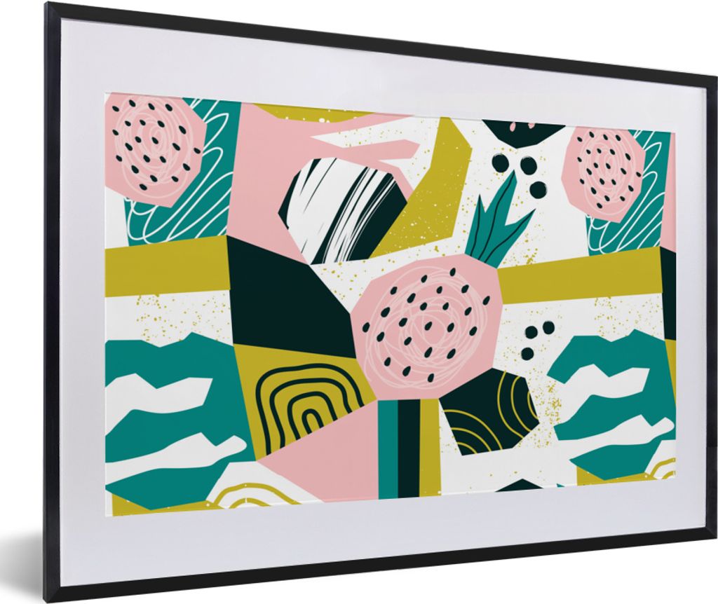 MuchoWow MuchoWow Gerahmtes Poster Erdbeeren - Muster - Rosa 60x40 cm - Poster mit zchwarzem Bilderrahmen - Schlafzimmer - Plakat in Rahmen - D...