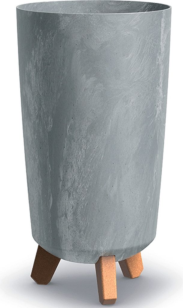 A close-up studio shot of a tall, cylindrical planter with a concrete-like texture, supported by three wooden legs.