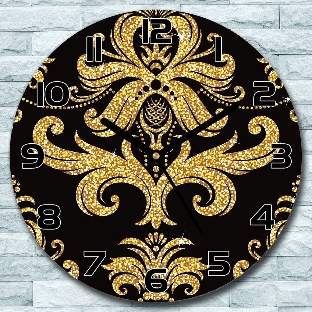 Wanduhr aus Glas Rund fi 30 Blumen gold schwarz Quarz Deko Schlafzimmer Büro