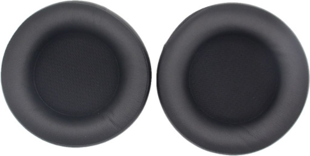 Two black headphone ear pads are shown on a white background.