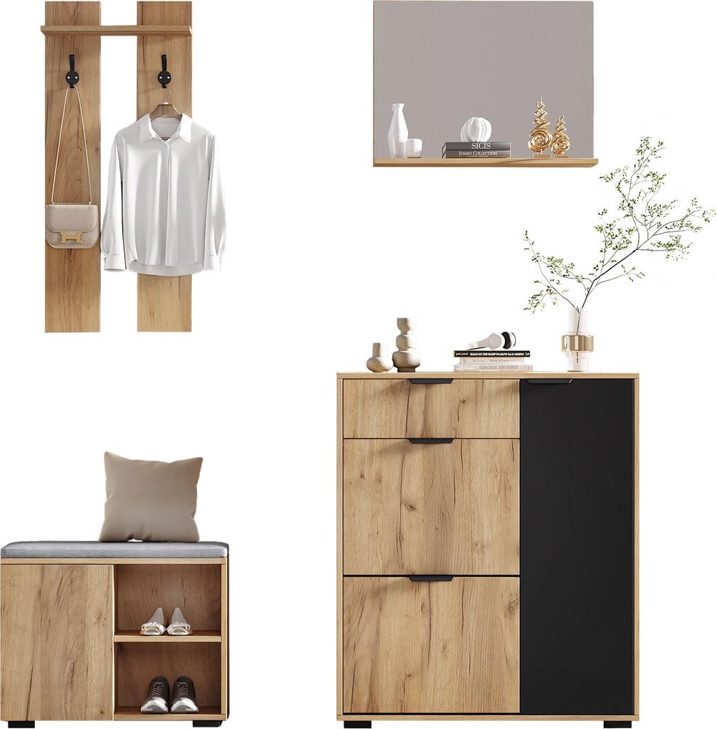 Merax Garderobenset 4-teilig, Wandgarderobe, Schuhschrank, Produktbild 