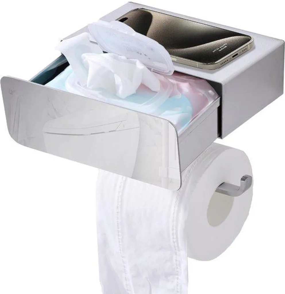 Support Papier Toilette Mural avec Boîte à Lingettes et Rangement Inox