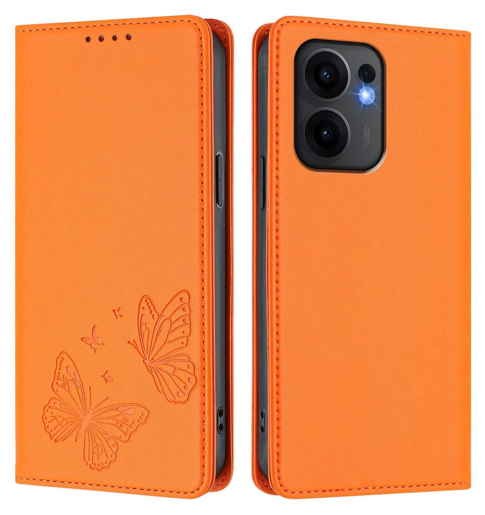 Lederhülle für Oppo Reno13 F 5G, Schmetterling Prägung Leder Brieftasche Schutzhülle mit Ständer Orange