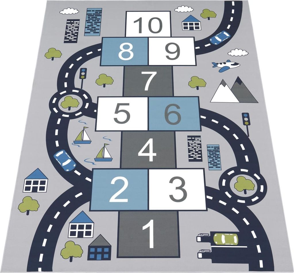 Kinderteppich waschmaschinenwaschbar Zahlen‐Hüpfkästchen‐Muster Kinderzimmer schmutzabweisend Grau Rechteckig 160x220 | 100% Polyester | pfle...