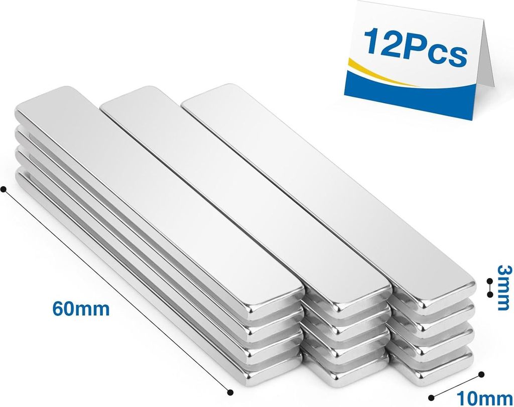 Neodym-Magnete - stark, selbstklebend - 12 Stück - 60 x 10 x 3 mm