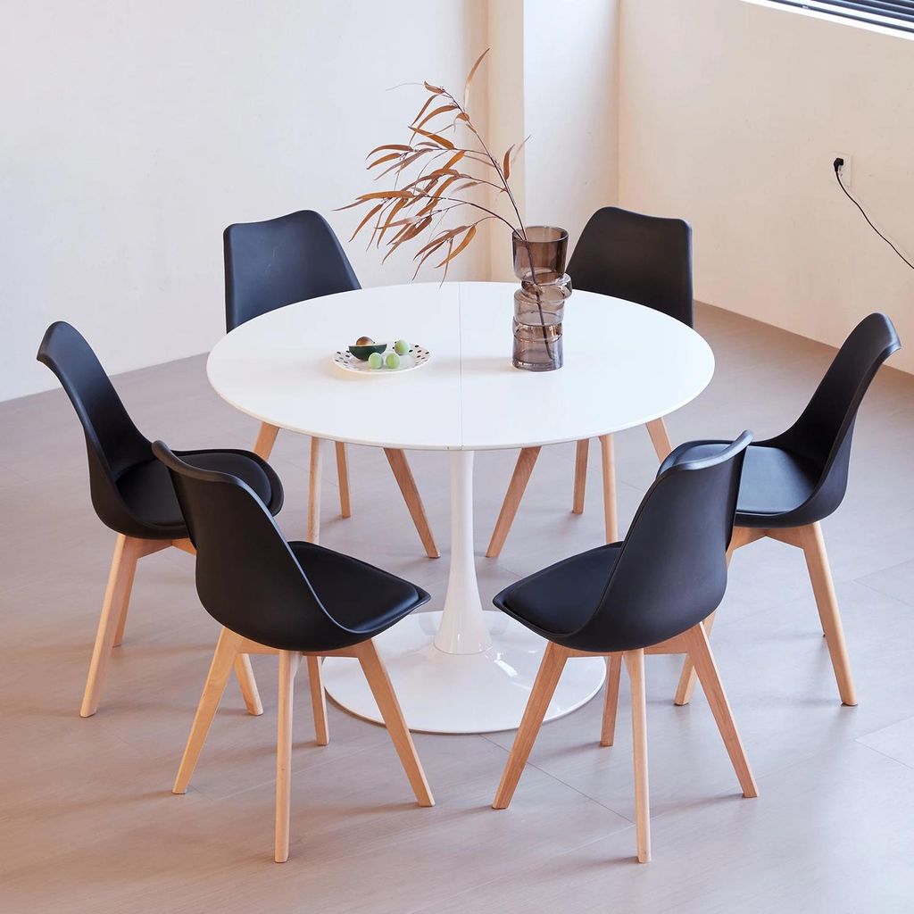 Essgruppe - Esstisch-Set rund 110 cm + 6 Stühle - Holz - Modern minimalistisch - Für Küche/Esszimmer - Schwarz