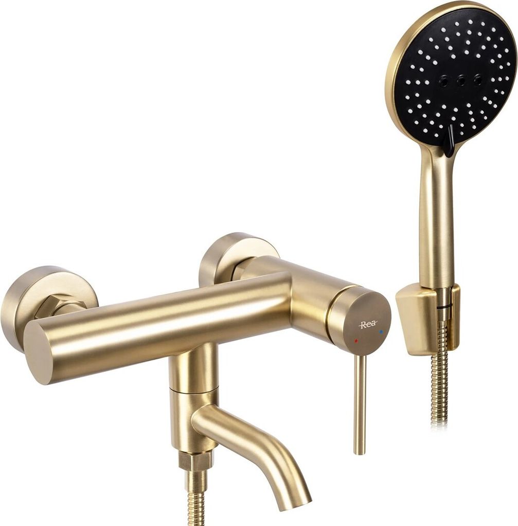 A gold-colored bathroom faucet and showerhead set against a white background.