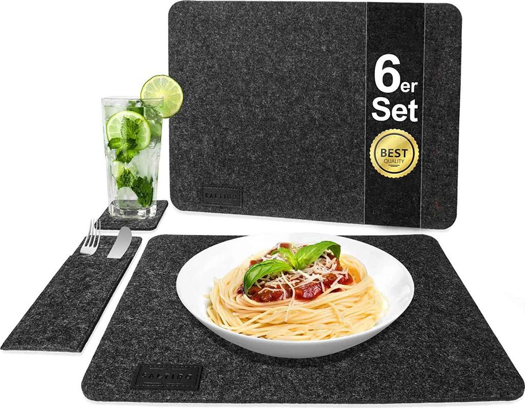 Tischset Platz Set inkl. Untersetzer und Bestecktaschen aus Filz - abwaschbar/ waschbar und robust Für 6 Personen
