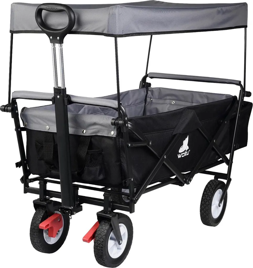 Chariot de jardin pliable anthracite avec toit et roues de 20 cm - 80kg