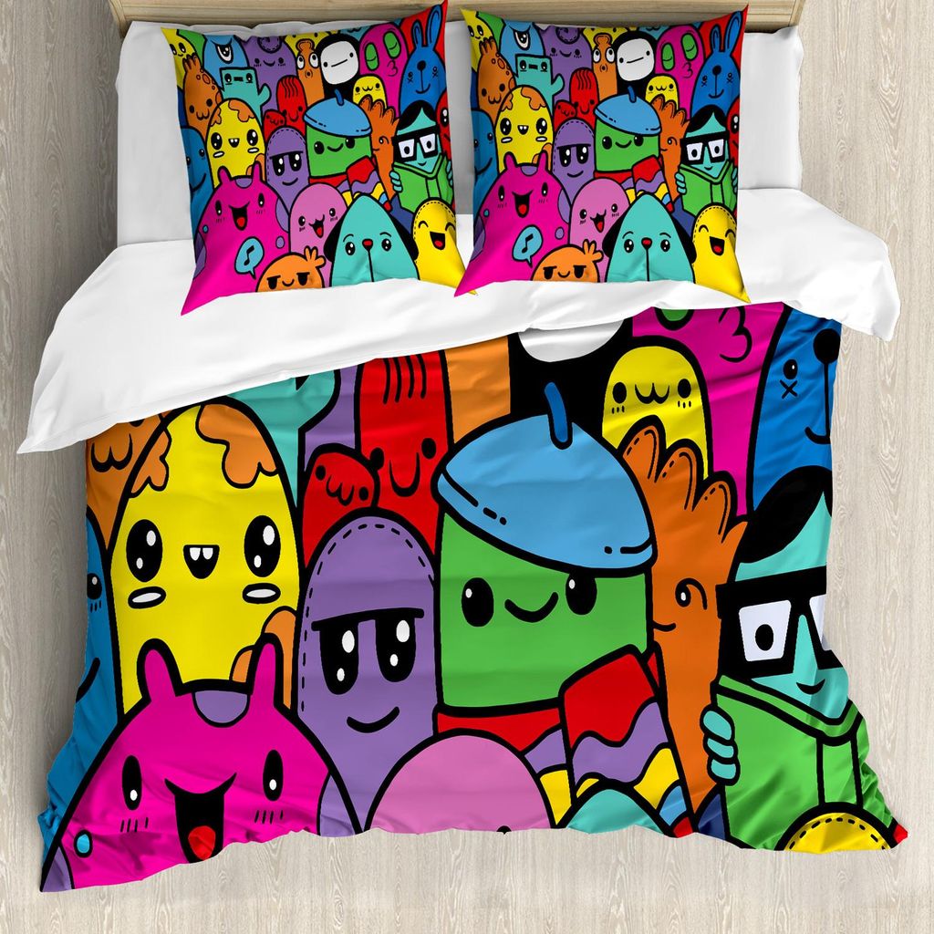 ABAKUHAUS Indie Bettbezug Set, Hand gezeichnetes buntes Gekritzel der lustigen netten verrückten Monster-Freundschafts-Gruppen-Zeichnungs-Art, 155...