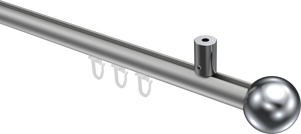 Interdeco Innenlaufstange / Gardinenstange mit Innenlauf Silbergrau / Chrom, Typ Sonius Luino (Kugel) Deckenmontage, 20 mm Ø 1-läufig, 140 cm