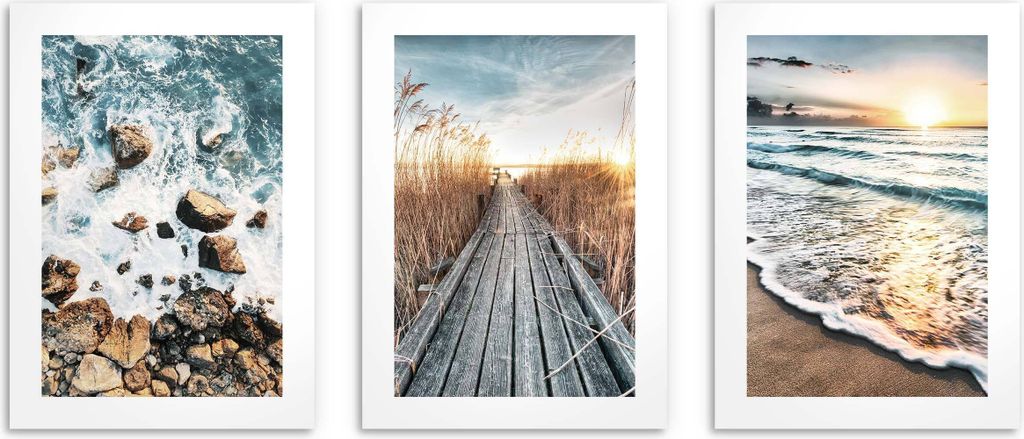 Poster Wandbilder Strand 3 Teilig Poster Set 30x40 cm - ökologische Tinte, Wasserfest - Poster für wohnzimmer, schlafzimmer