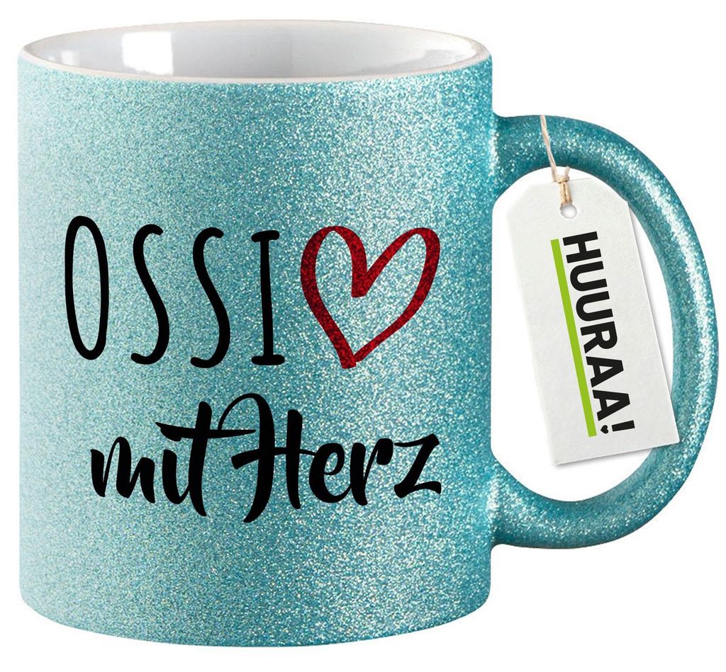 Huuraa Glitzertasse Ossi mit Herz 330ml Blau Keramik Kaffeebecher Geschenkidee