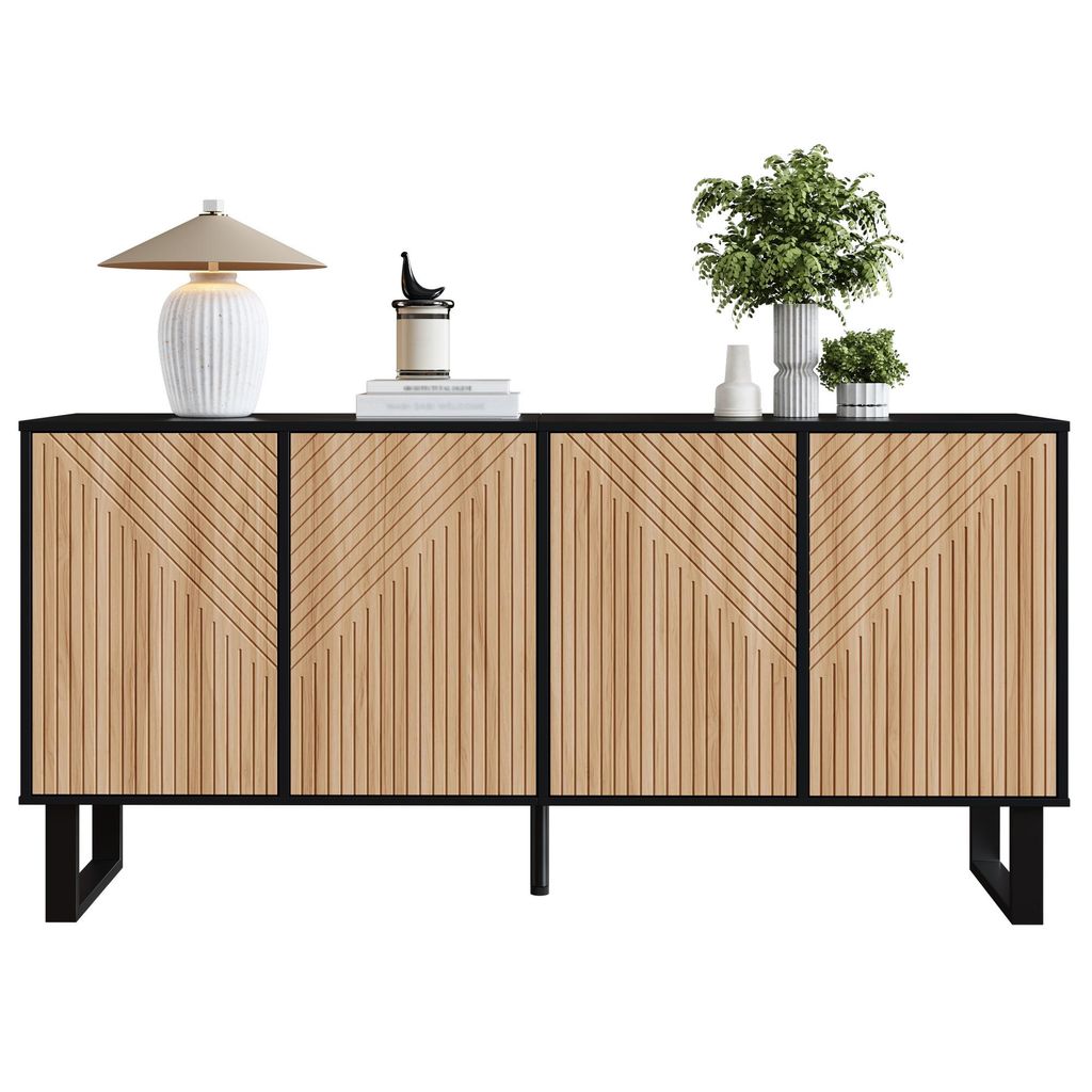 Fortuna Lai Modernes, minimalistisches Sideboard,Kontrastierendes Design in schwarzer Holzmaserung,3D-Streifenfront,Extra großer Stauraum,Geeignet...
