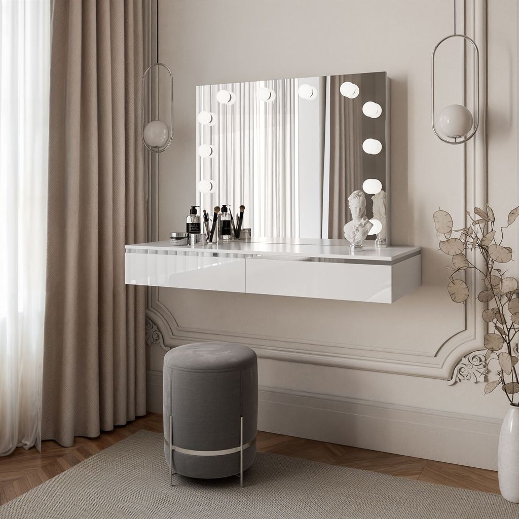 Schminktisch AURORA SILVER ELITE mit Spiegel weiß glänzend
