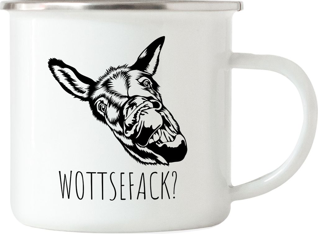 Wottsefack WTF Emaille Tasse Esel Geschenk Humor Büro Mitarbeiter Chef Kollegen