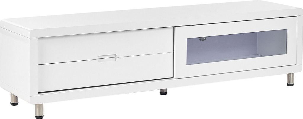 BELIANI TV-Möbel Weiß MDF Platte 158 x 39 cm Hochglanz Niedrig mit Stauraum 2 Schubladen 1 Schiebetür Modern Minimalistisch Aufbewahrung Wohnzimmer